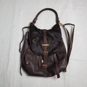 Cynthia Rowley Womens Backpack Brown Leather Calf Hair Ostrich Embossed Hobo OS